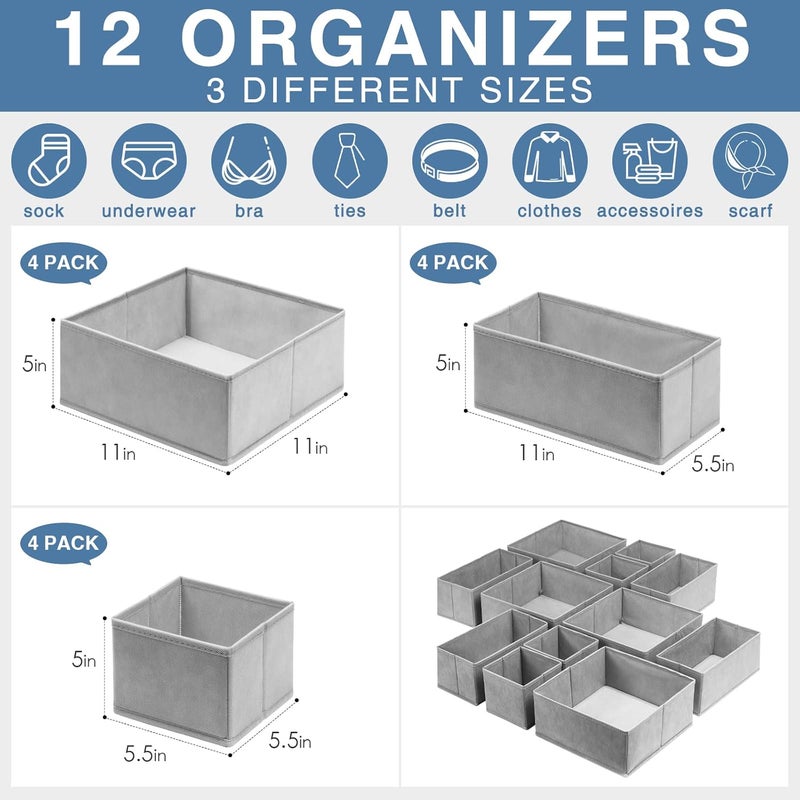 Criusia Drawer Organizer Clothes 12 Pack, Dresser Organizer for Nursery Bedroom Closet Organization and Storage - Baby Clothes Organizer Bins - Drawer Divider for Sock Underwear Bra Ties (Grey) - Image 3